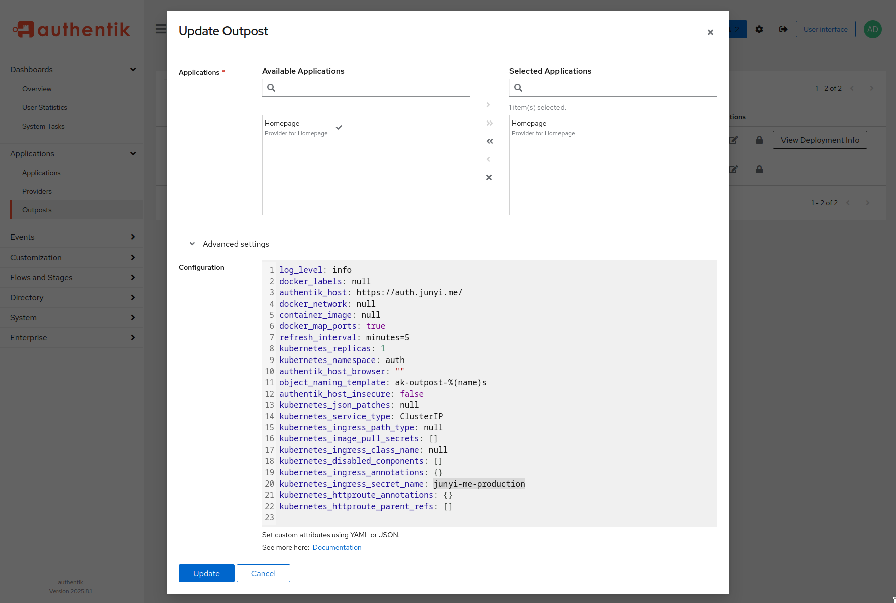 Outpost Advanced config