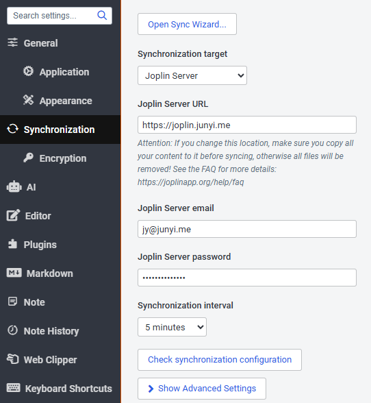 Joplin sync config