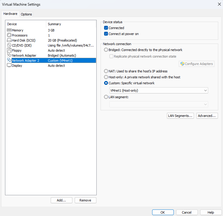 VMWare network adapter settings